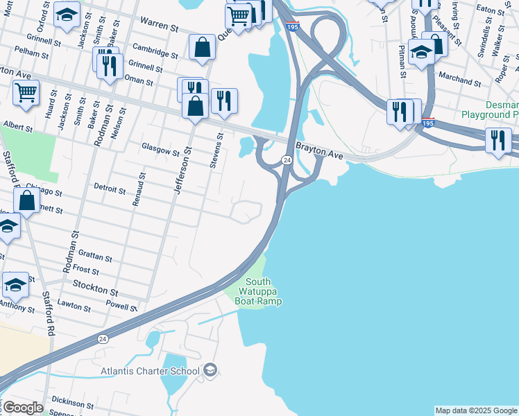 map of restaurants, bars, coffee shops, grocery stores, and more near 589 Detroit Street in Fall River