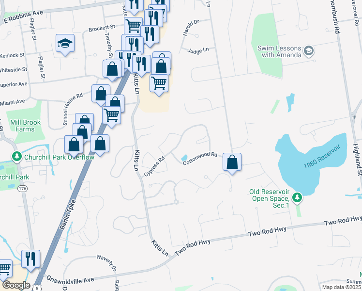 map of restaurants, bars, coffee shops, grocery stores, and more near 182 Cottonwood Road in Newington