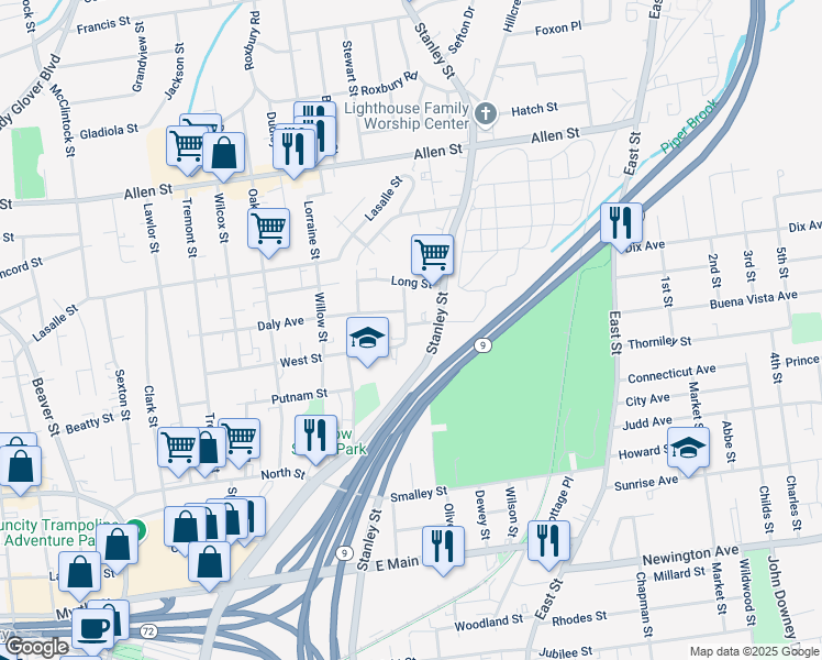map of restaurants, bars, coffee shops, grocery stores, and more near 1100 Stanley Street in New Britain