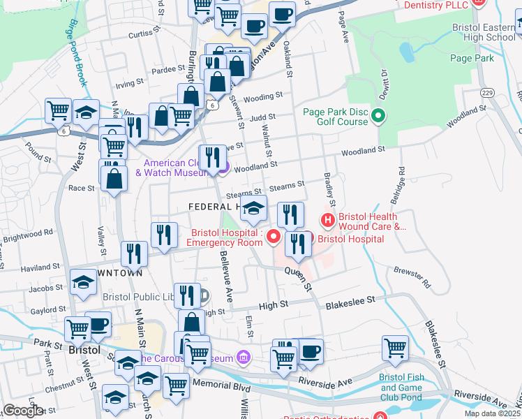 map of restaurants, bars, coffee shops, grocery stores, and more near 335 Center Street in Bristol