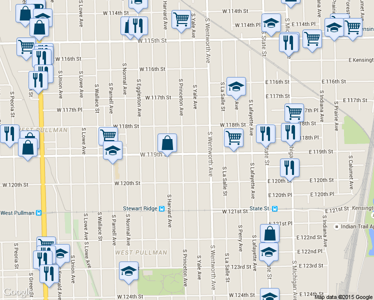 map of restaurants, bars, coffee shops, grocery stores, and more near 11912 South Princeton Avenue in Chicago