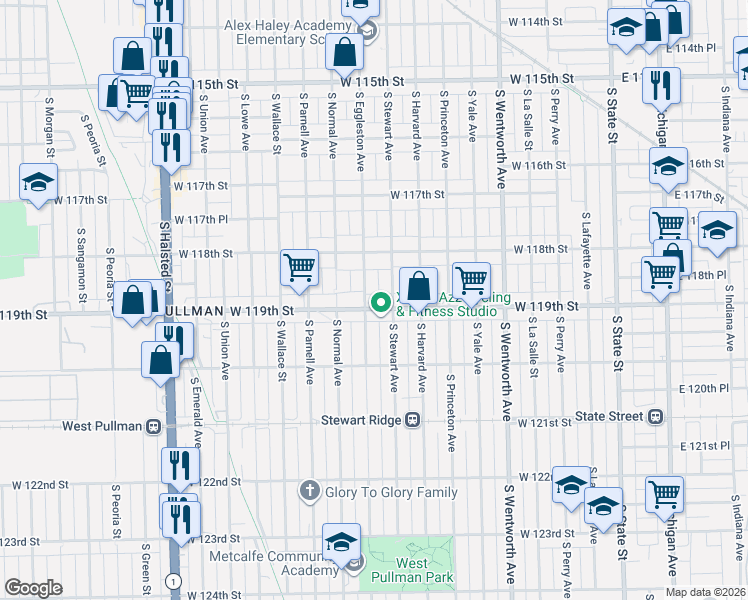 map of restaurants, bars, coffee shops, grocery stores, and more near 11913 South Eggleston Avenue in Chicago