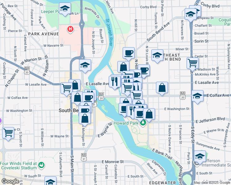 map of restaurants, bars, coffee shops, grocery stores, and more near 401 East Colfax Avenue in South Bend