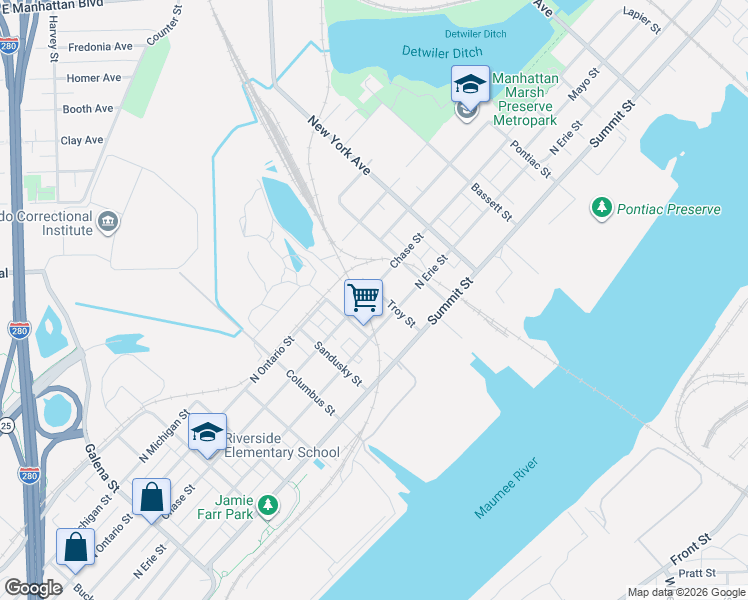map of restaurants, bars, coffee shops, grocery stores, and more near 2715 North Erie Street in Toledo
