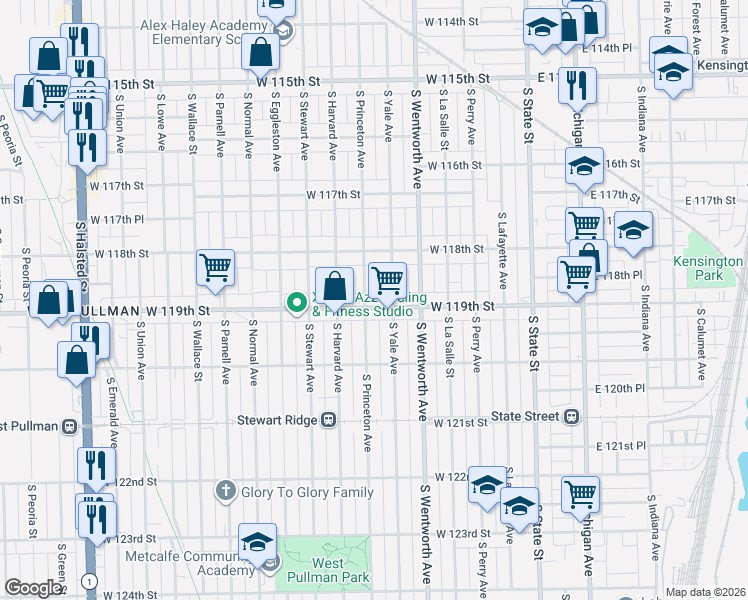 map of restaurants, bars, coffee shops, grocery stores, and more near 11912 South Princeton Avenue in Chicago