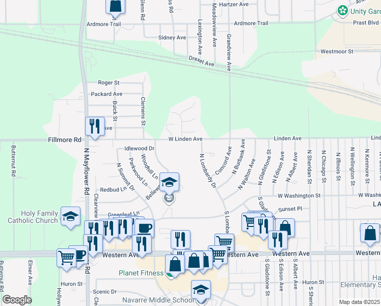 map of restaurants, bars, coffee shops, grocery stores, and more near 245 North Lombardy Drive in South Bend
