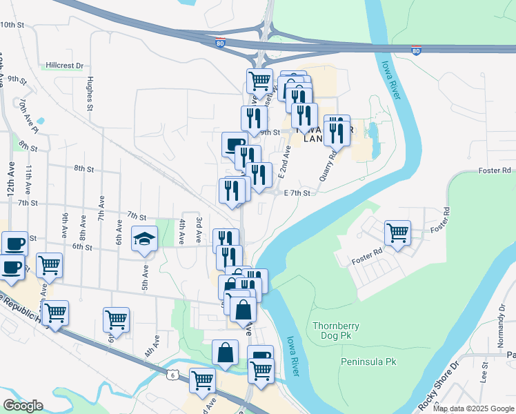 map of restaurants, bars, coffee shops, grocery stores, and more near 607 1st Avenue in Coralville