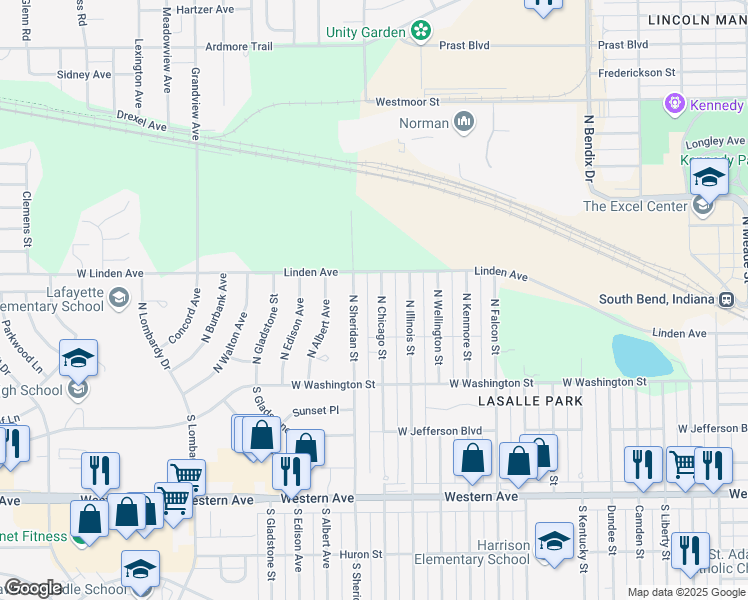 map of restaurants, bars, coffee shops, grocery stores, and more near 245 North Chicago Street in South Bend