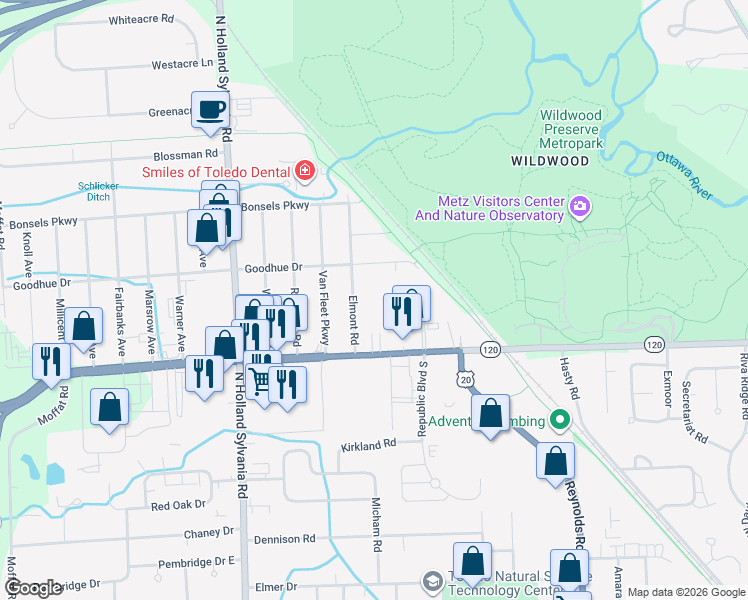 map of restaurants, bars, coffee shops, grocery stores, and more near 5650 Central Avenue in Toledo