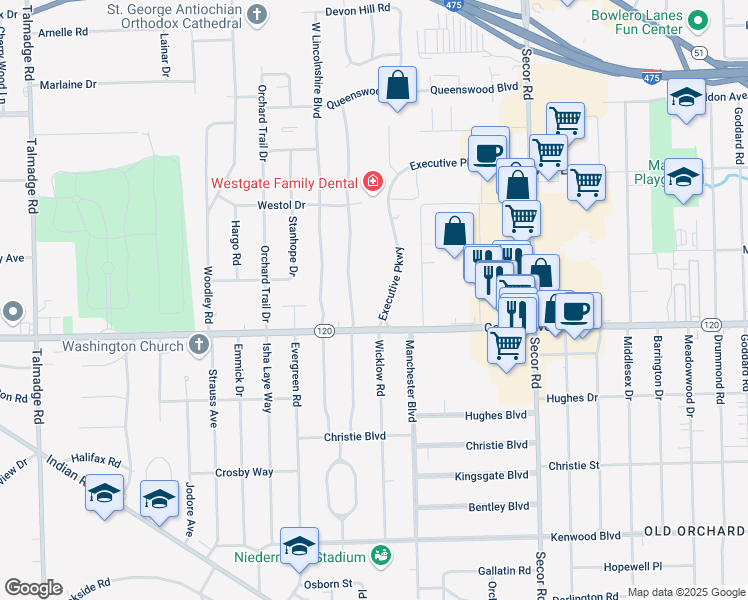 map of restaurants, bars, coffee shops, grocery stores, and more near 3101-3131 Executive Parkway in Toledo