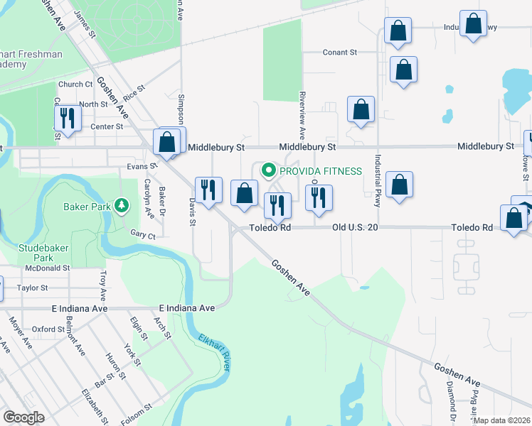 map of restaurants, bars, coffee shops, grocery stores, and more near in Elkhart