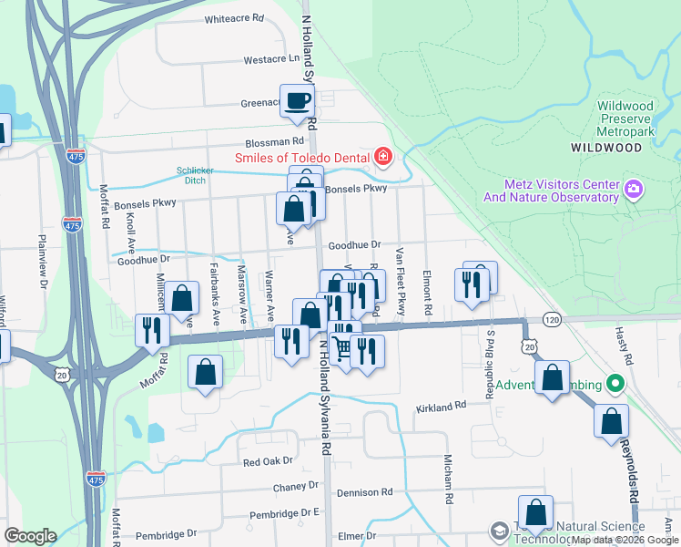 map of restaurants, bars, coffee shops, grocery stores, and more near 3237 Waldmar Rd in Toledo