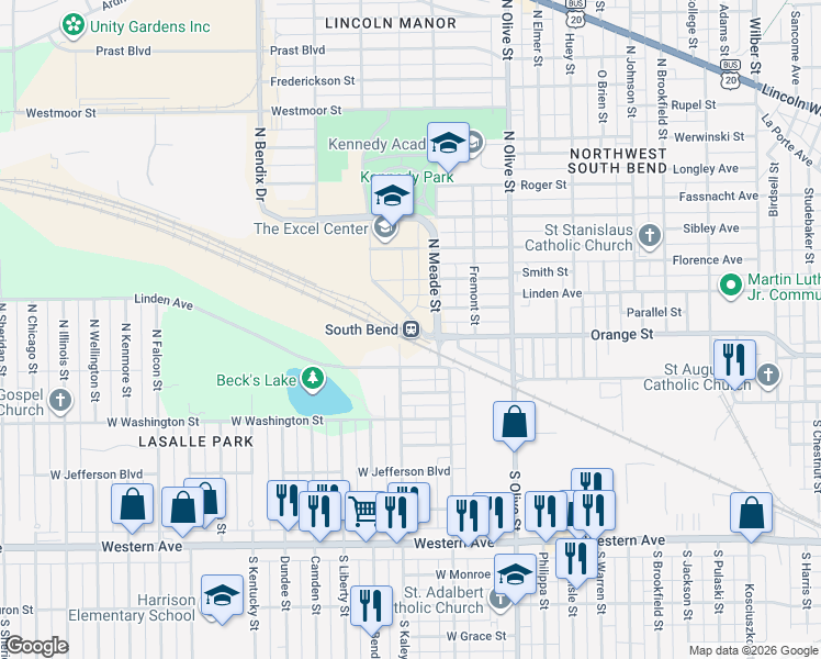 map of restaurants, bars, coffee shops, grocery stores, and more near 2702 West Washington Street in South Bend