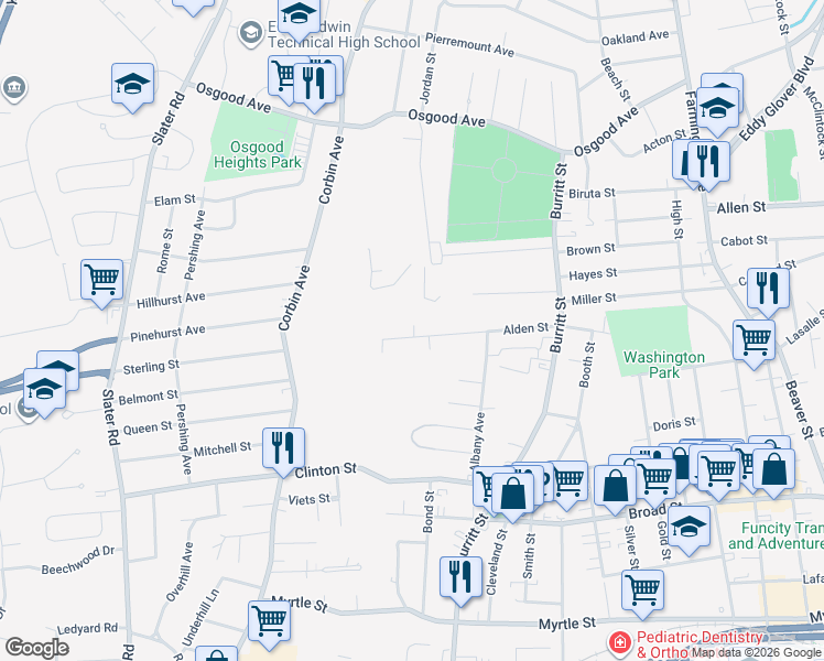 map of restaurants, bars, coffee shops, grocery stores, and more near 155 Alden Street in New Britain