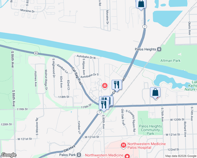 map of restaurants, bars, coffee shops, grocery stores, and more near 11615 South Vienna Avenue in Palos Park