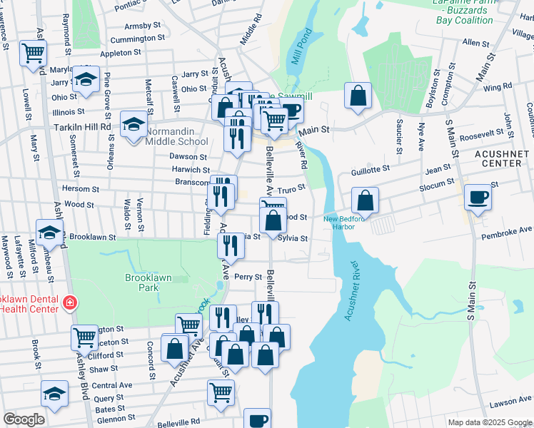 map of restaurants, bars, coffee shops, grocery stores, and more near 23-25 Brewster Street in New Bedford