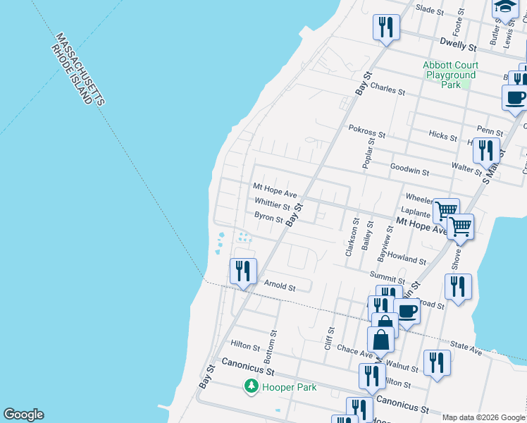 map of restaurants, bars, coffee shops, grocery stores, and more near 129 Mount Hope Avenue in Fall River