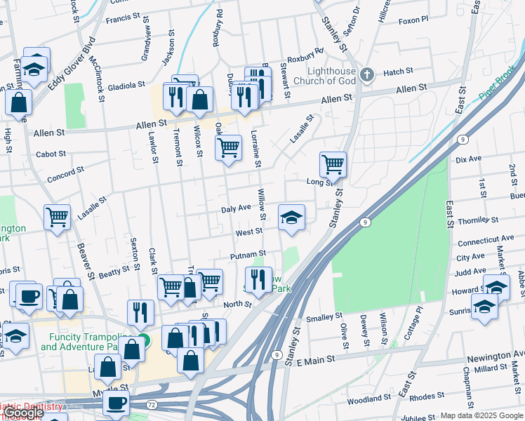 map of restaurants, bars, coffee shops, grocery stores, and more near 39 Acorn Street in New Britain