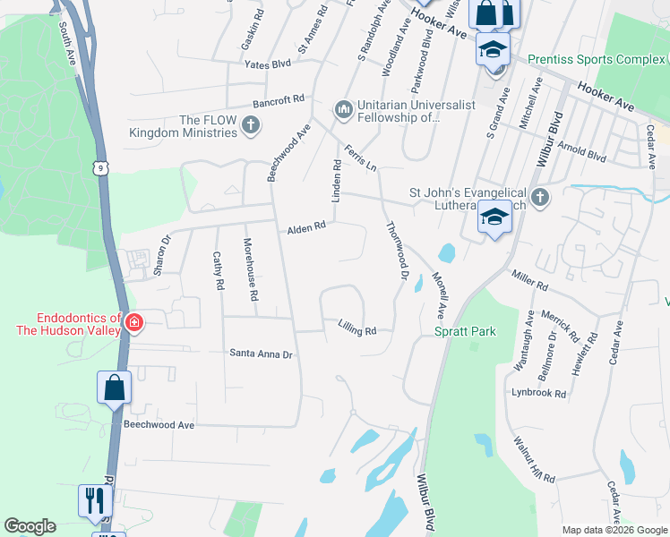 map of restaurants, bars, coffee shops, grocery stores, and more near 44 Alden Road in Poughkeepsie