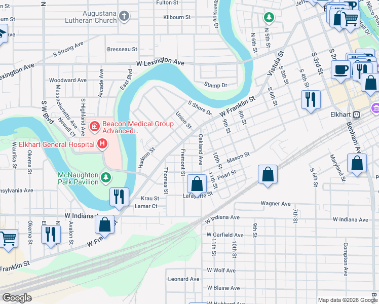 map of restaurants, bars, coffee shops, grocery stores, and more near 1229 West Franklin Street in Elkhart