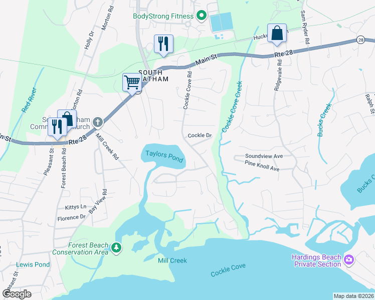 map of restaurants, bars, coffee shops, grocery stores, and more near 110 Cockle Drive in Chatham