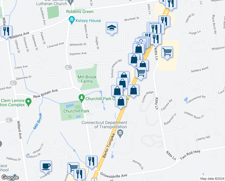 map of restaurants, bars, coffee shops, grocery stores, and more near 705 Churchill Drive in Newington
