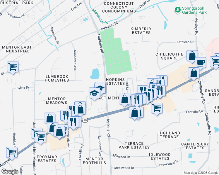 map of restaurants, bars, coffee shops, grocery stores, and more near 7041 Hopkins Road in Mentor