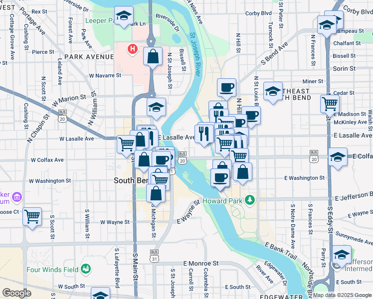 map of restaurants, bars, coffee shops, grocery stores, and more near 215 Sycamore Street in South Bend