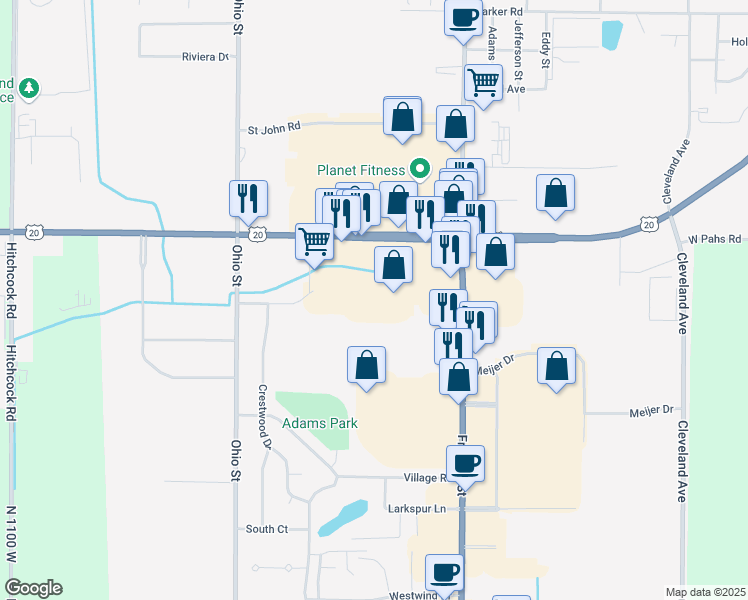 map of restaurants, bars, coffee shops, grocery stores, and more near 210 Dunes Plaza in Michigan City