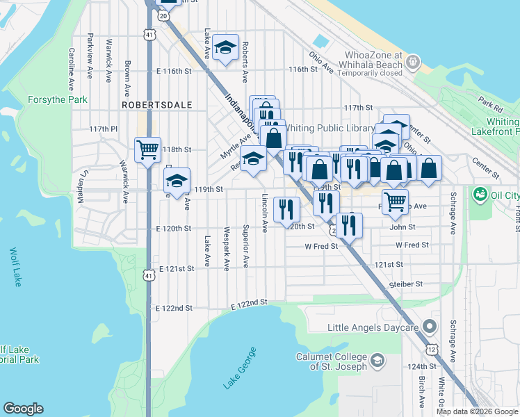 map of restaurants, bars, coffee shops, grocery stores, and more near 1108-10 119th Street in Whiting