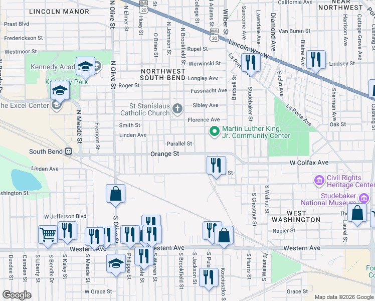 map of restaurants, bars, coffee shops, grocery stores, and more near 1801-1899 Parallel St in South Bend
