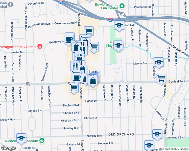 map of restaurants, bars, coffee shops, grocery stores, and more near 3200 Secor Road in Toledo