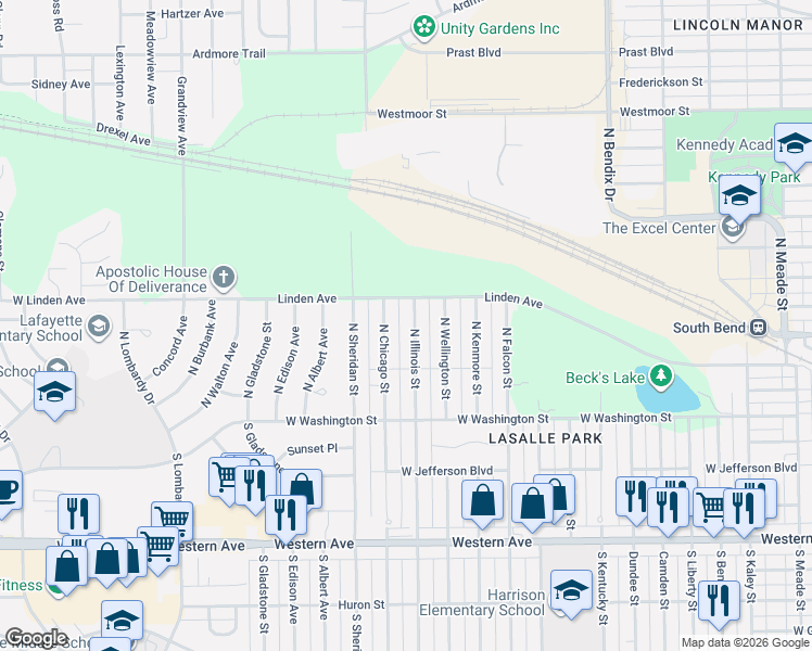 map of restaurants, bars, coffee shops, grocery stores, and more near 184-298 North Illinois Street in South Bend