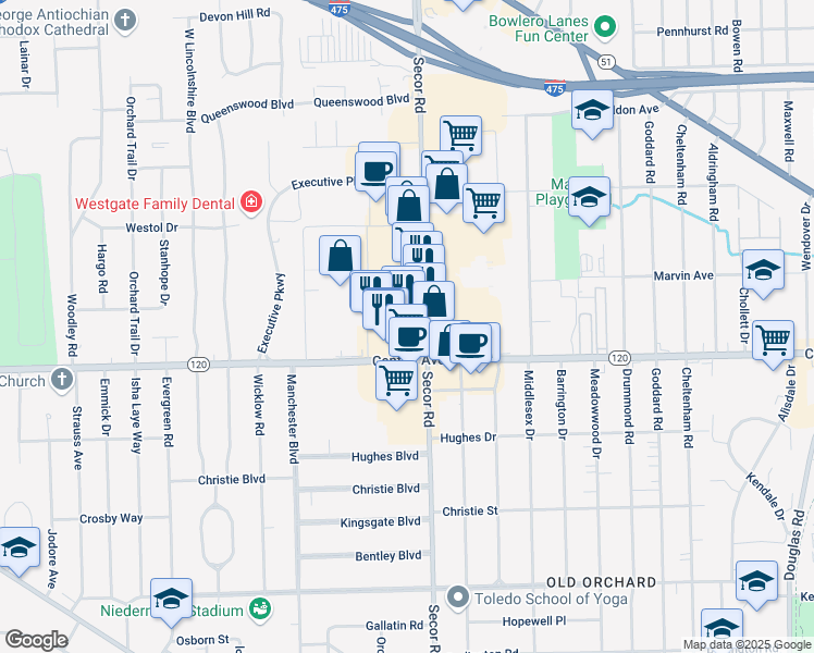 map of restaurants, bars, coffee shops, grocery stores, and more near 3205 Secor Road in Toledo