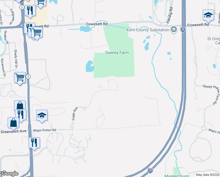 map of restaurants, bars, coffee shops, grocery stores, and more near 44 Eagle Run in East Greenwich