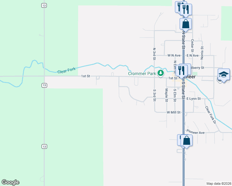 map of restaurants, bars, coffee shops, grocery stores, and more near 114 Ash Drive in Pioneer