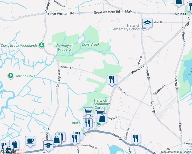 map of restaurants, bars, coffee shops, grocery stores, and more near 48 Gilbert Lane in Harwich