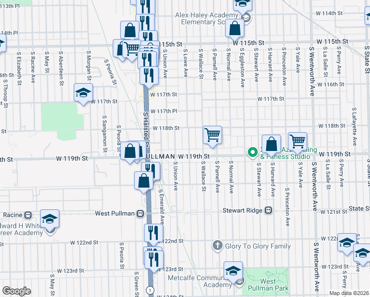 map of restaurants, bars, coffee shops, grocery stores, and more near 11819 South Union Avenue in Chicago