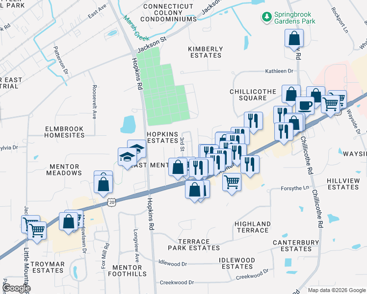 map of restaurants, bars, coffee shops, grocery stores, and more near 3rd Street in Mentor