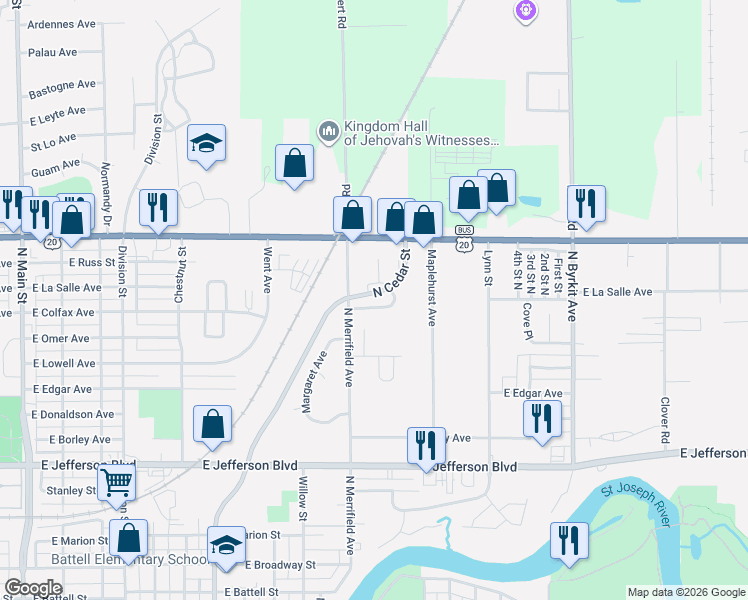 map of restaurants, bars, coffee shops, grocery stores, and more near 2029 N Cedar St in Mishawaka