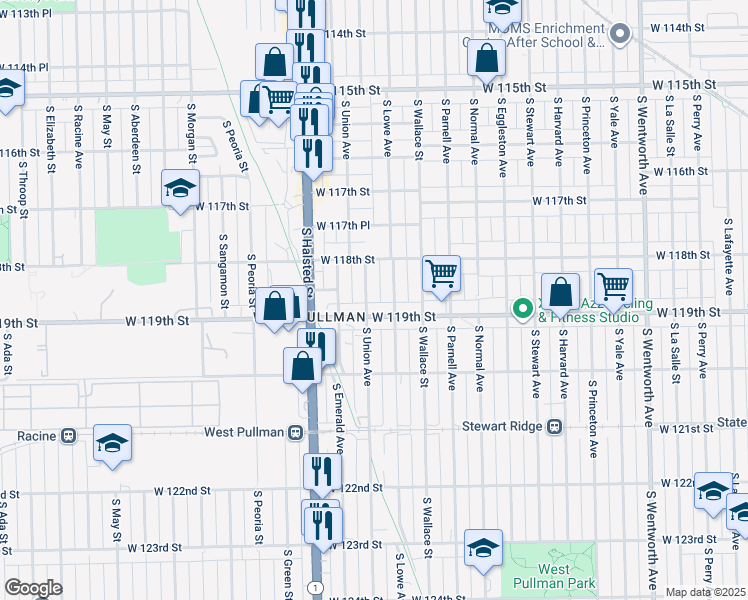 map of restaurants, bars, coffee shops, grocery stores, and more near 11845 South Union Avenue in Chicago