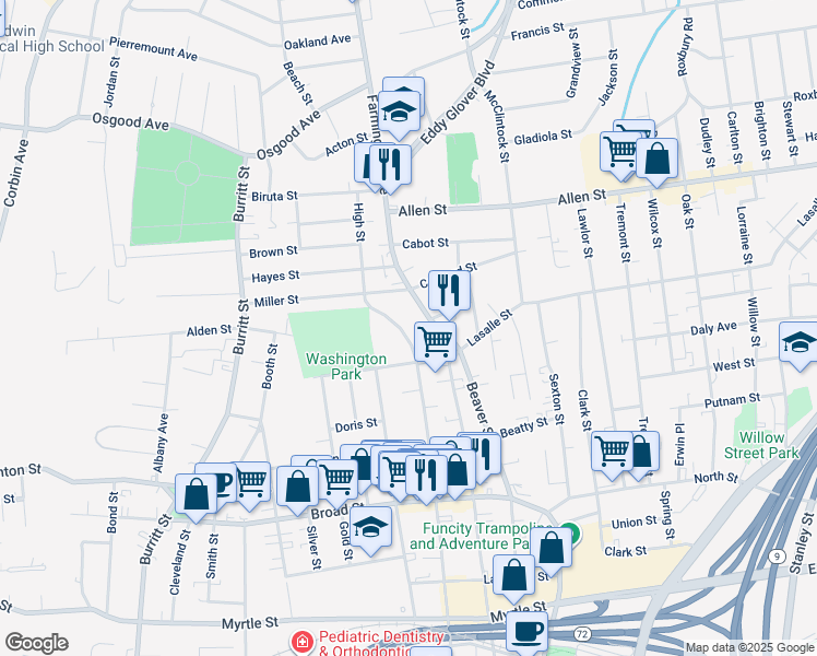 map of restaurants, bars, coffee shops, grocery stores, and more near 385 High Street in New Britain