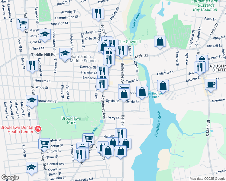 map of restaurants, bars, coffee shops, grocery stores, and more near 23-25 Brewster Street in New Bedford