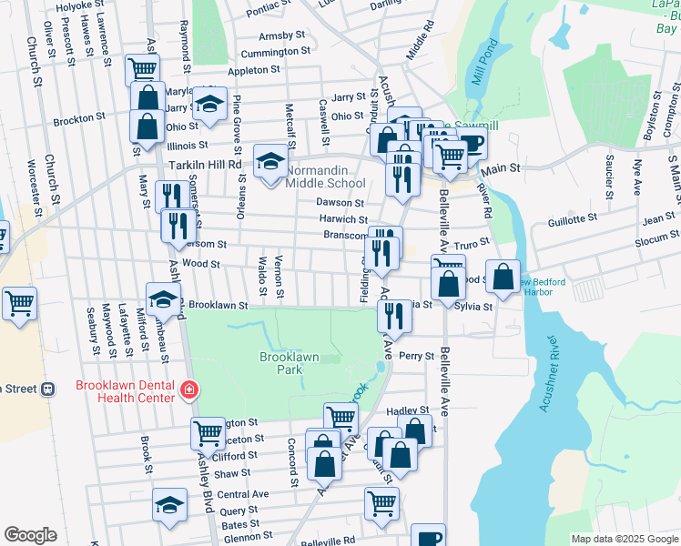 map of restaurants, bars, coffee shops, grocery stores, and more near 234-236 Hersom Street in New Bedford