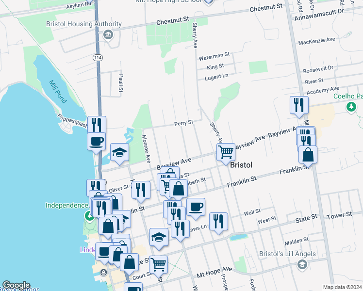 map of restaurants, bars, coffee shops, grocery stores, and more near 42 Thompson Avenue in Bristol