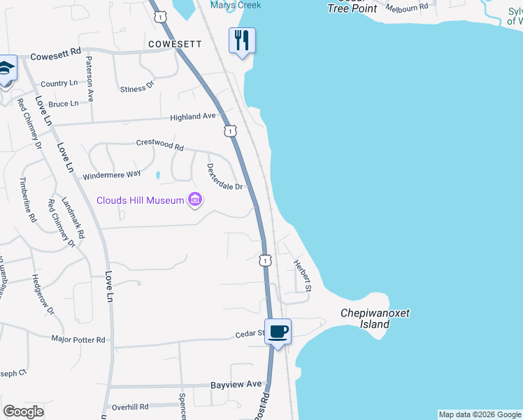 map of restaurants, bars, coffee shops, grocery stores, and more near 4156 Post Road in East Greenwich