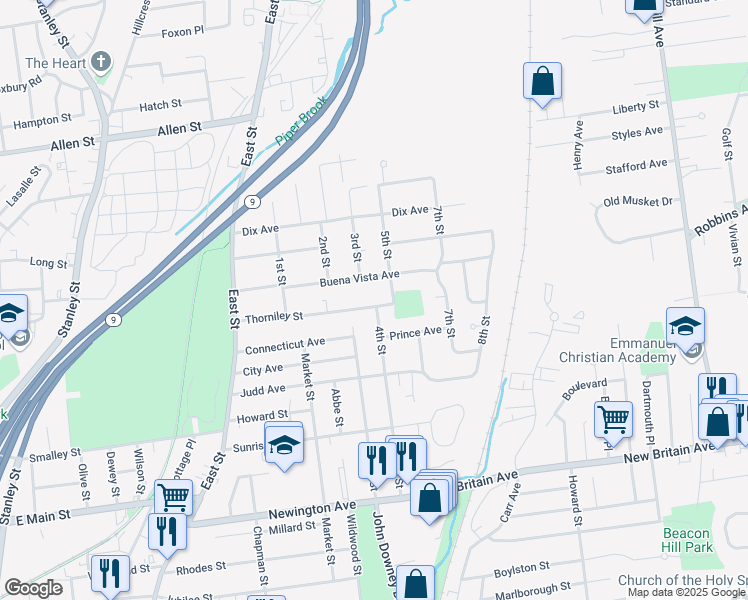 map of restaurants, bars, coffee shops, grocery stores, and more near 103 Buena Vista Avenue in New Britain