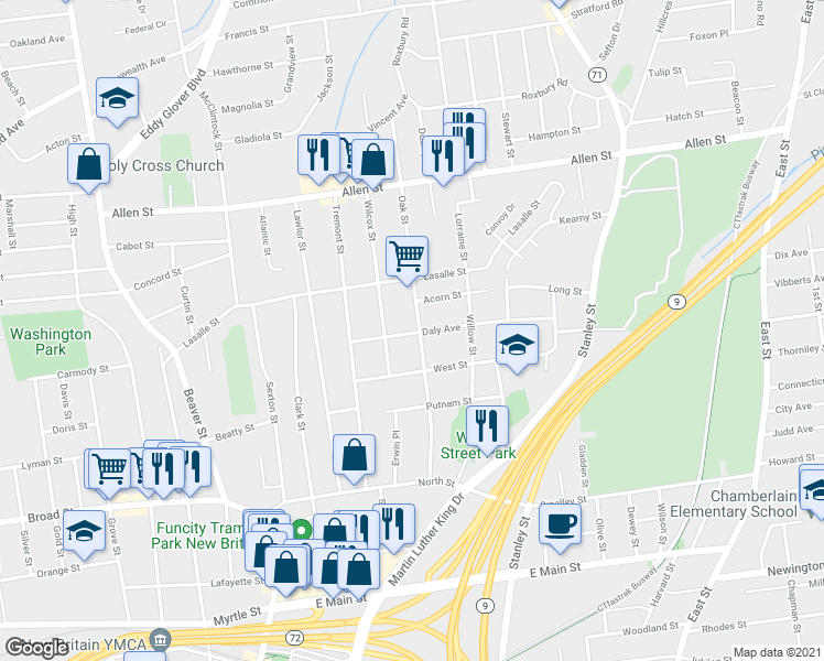 map of restaurants, bars, coffee shops, grocery stores, and more near 167 Oak Street in New Britain
