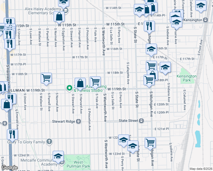 map of restaurants, bars, coffee shops, grocery stores, and more near 11825 South Wentworth Avenue in Chicago