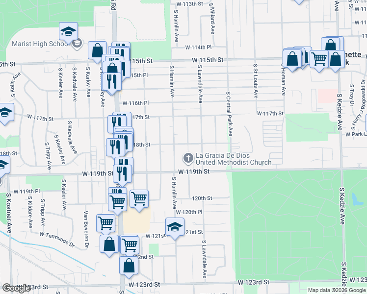 map of restaurants, bars, coffee shops, grocery stores, and more near 11740 South Ridgeway Avenue in Chicago